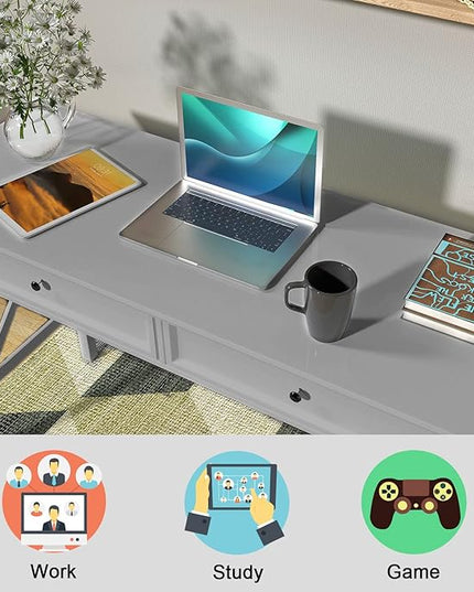 Computer Desk with 2 Drawers, Elegant Home Office Writing Study Desk with Storage, Modern Simple Vanity Desk Console Table for Living Room, Grey - LeafyLoom