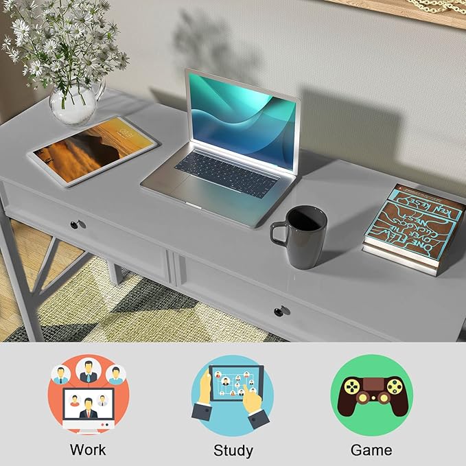 Computer Desk with 2 Drawers, Elegant Home Office Writing Study Desk with Storage, Modern Simple Vanity Desk Console Table for Living Room, Grey - LeafyLoom