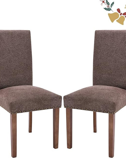 Parsons Dining Chairs Set of 2, Upholstered Nailhead Dining Room Kitchen Side Chair with Thick Cushions and Wood Legs, Brown - LeafyLoom