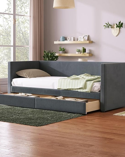 Twin Size Corduroy Pholstered Daybed with Two Drawers,Storage Sofa Bed Frame,W/Wood Slat Support,No Box Spring Needed,for Living Room Bedroom Apartment,Gray - LeafyLoom