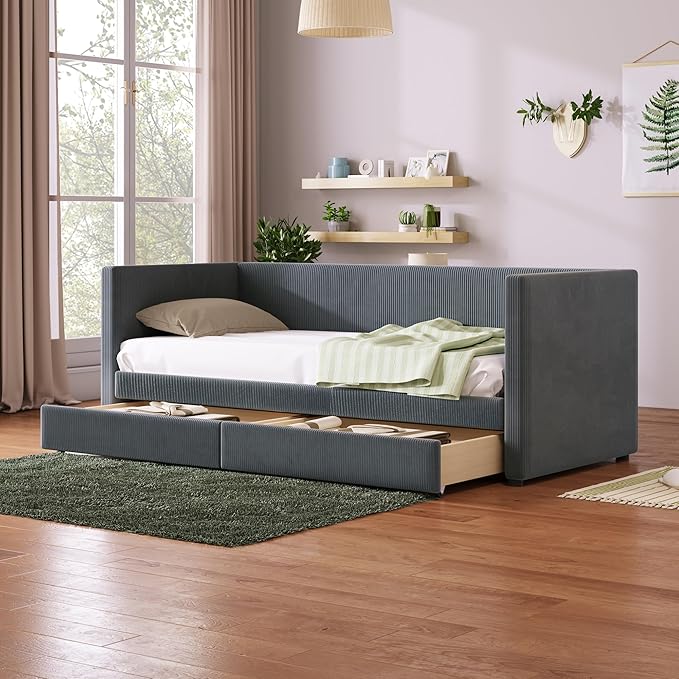 Twin Size Corduroy Pholstered Daybed with Two Drawers,Storage Sofa Bed Frame,W/Wood Slat Support,No Box Spring Needed,for Living Room Bedroom Apartment,Gray - LeafyLoom