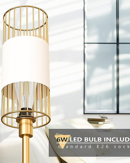 Floor Lamp with Metal Cage Shade & 6W LED Bulb - Indoor Brass Pole Light to Match Living Room or Bedroom in Farmhouse, Vintage, or Rustic Style - Standing, Tall Lighting - Gold - LeafyLoom