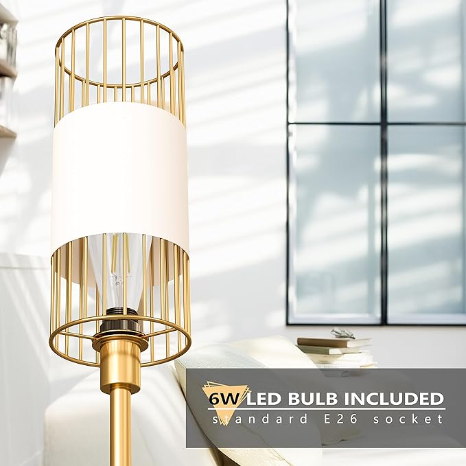 Floor Lamp with Metal Cage Shade & 6W LED Bulb - Indoor Brass Pole Light to Match Living Room or Bedroom in Farmhouse, Vintage, or Rustic Style - Standing, Tall Lighting - Gold - LeafyLoom