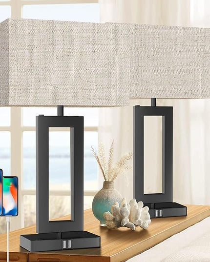 Tall Table Lamps for Living Room Set of 2, Modern Bedside Lamps w. 2 USB Ports, 3-Way Dimmable Touch Control Nightstand Lamp Set w. Fabric Cream Shade for Bedroom End Table, 22 in - LeafyLoom