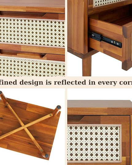 Bme Nightstand Oliver Solid Wood Rattan Side End Table, Fully Assembled, for Bohemian & Mid Century Style Bedroom and Living Room, Caramel - LeafyLoom