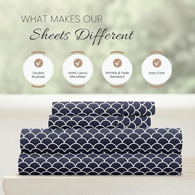 Linen Market 4 Piece Sheet Set Patterned, King, Scallop Navy - LeafyLoom