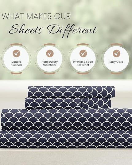 Linen Market 4 Piece Sheet Set Patterned, Queen, Scallop Navy - LeafyLoom