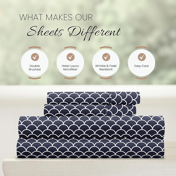 Linen Market 4 Piece Sheet Set Patterned, Queen, Scallop Navy - LeafyLoom