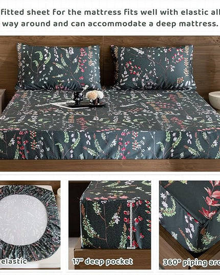 QSH Floral Egyptian Cotton Sheets Queen Size - Elegant Navy Botanical Pattern Printed Bedding Sheets Queen Size Bed Extra Soft and Breathable 4pcs Deep Pockets Bed Sheets - LeafyLoom