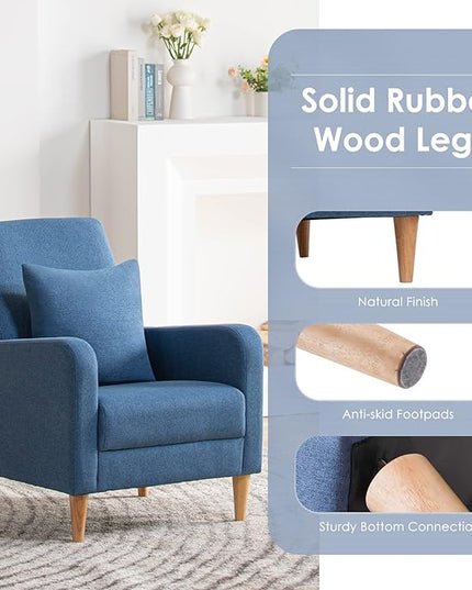 COLAMY Modern Upholstered Accent Chair Armchair with Pillow, Fabric Reading Living Room Side Chair,Single Sofa with Lounge Seat and Wood Legs, Blue - LeafyLoom