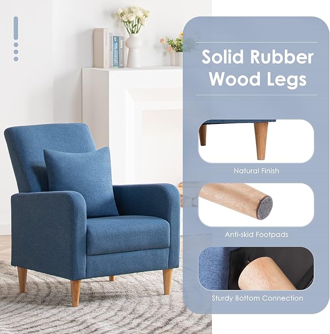 COLAMY Modern Upholstered Accent Chair Armchair with Pillow, Fabric Reading Living Room Side Chair,Single Sofa with Lounge Seat and Wood Legs, Blue - LeafyLoom