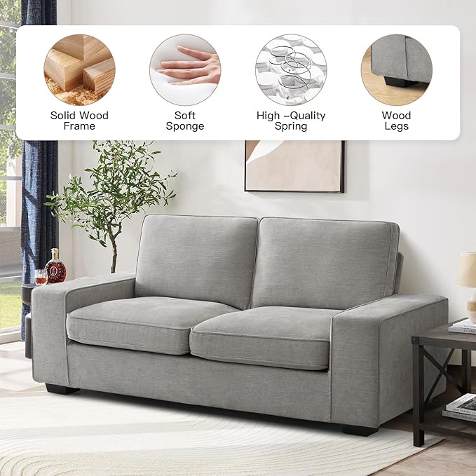 EASELAND 71" Loveseat, Small Chenille Loveseat for Small Spaces, 2-Seater Modern Deep Seat Couch with Removable Back and Cushions, Lounge Sofa for Bedroom with Wood Legs and Fluffy Armrest (Grey) - LeafyLoom