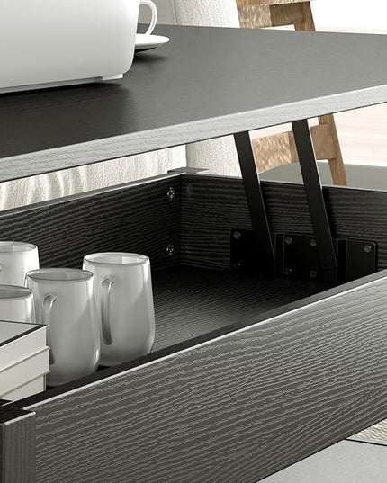 Panana Coffee Table, Lift Top Coffee Table with Hidden Compartment, 2 Drawers and 1 Open Shelf, Retro Central Wooden Table Lift Tabletop for Living Room (Black) - LeafyLoom