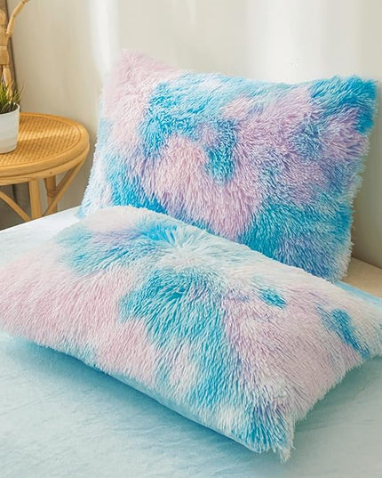 Tie dye Blue Plush Fluffy Comforter Cover Set Queen - Ultra Soft Faux Fur tie dye Bedding Sets 3 Pieces (1 Shaggy Duvet Cover + 2 Pillow case) Fluffy Bed Set (Tie Dye Blue, Queen) - LeafyLoom