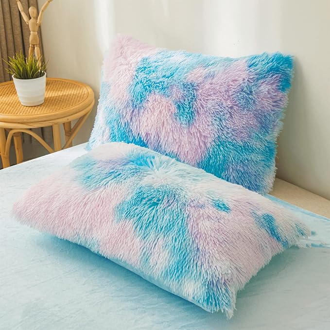 Tie dye Blue Plush Fluffy Comforter Cover Set Queen - Ultra Soft Faux Fur tie dye Bedding Sets 3 Pieces (1 Shaggy Duvet Cover + 2 Pillow case) Fluffy Bed Set (Tie Dye Blue, Queen) - LeafyLoom