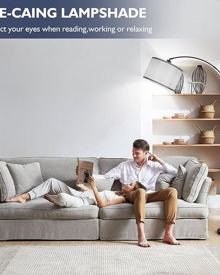 Arc Floor Lamps for Living Room, Modern Remote Control Standing Lamp with Stepless Dimmable, Black Tall Lamp with Gary Drum Shade, Over Couch Arched Reading Light for Bedroom, Office(Bulb Included) - LeafyLoom