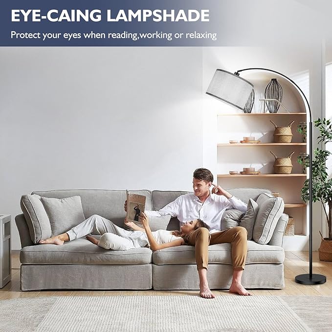 Arc Floor Lamps for Living Room, Modern Remote Control Standing Lamp with Stepless Dimmable, Black Tall Lamp with Gary Drum Shade, Over Couch Arched Reading Light for Bedroom, Office(Bulb Included) - LeafyLoom