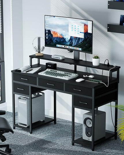 Black Computer Desk with Drawers, Gaming Desk with LED Light & Power Outlet, 47" Home Office Desk with Large Storage & Monitor Stand for Small Space - LeafyLoom