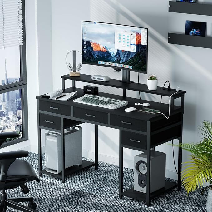 Black Computer Desk with Drawers, Gaming Desk with LED Light & Power Outlet, 47" Home Office Desk with Large Storage & Monitor Stand for Small Space - LeafyLoom