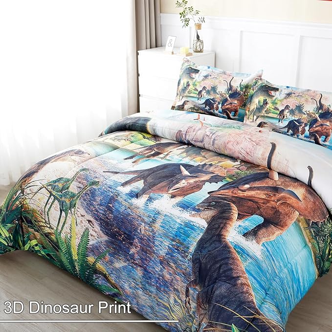 WINLIFE Dinosaur Bedding Full Comforter Set - Super Soft & Fun Jurassic Dino Pattern Bedding Comforter Set All Seasons for Boys Teens - Easy Wash Bed Set, 3D Dinosaur Print - LeafyLoom