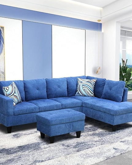 ROOMTEC Button L Shape Sectional Sofa Set, 5 Seat Upholstered Corner Couch with Storage Ottoman, Luxurious Linen Tufted Cushions, for Living Room, Apartment, 97inch, Blue w/Right Chaise Lounge - LeafyLoom