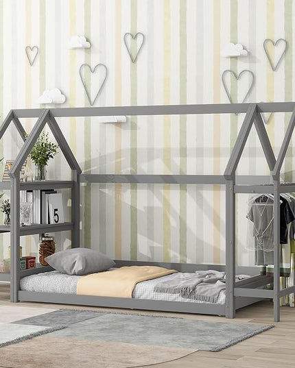 Twin Size Wood House Bed,Wood Platform Bed with Storage Shelves and Hanger,Floor Twin Size Montessori Bed Frame, Kids Boys Girls Bedroom,Living Room,No Box Spring Required,Grey - LeafyLoom