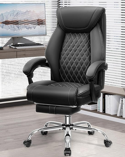 Office Chair, Executive Leather Chair Adjustable High Back, Ergonomic Computer Desk Chair Lumbar Support, Big and Tall Office Chair with Footrest, Comfy Reclining Chair for Home Office - LeafyLoom