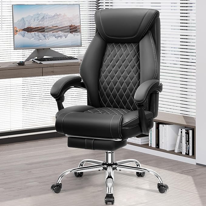 Office Chair, Executive Leather Chair Adjustable High Back, Ergonomic Computer Desk Chair Lumbar Support, Big and Tall Office Chair with Footrest, Comfy Reclining Chair for Home Office - LeafyLoom