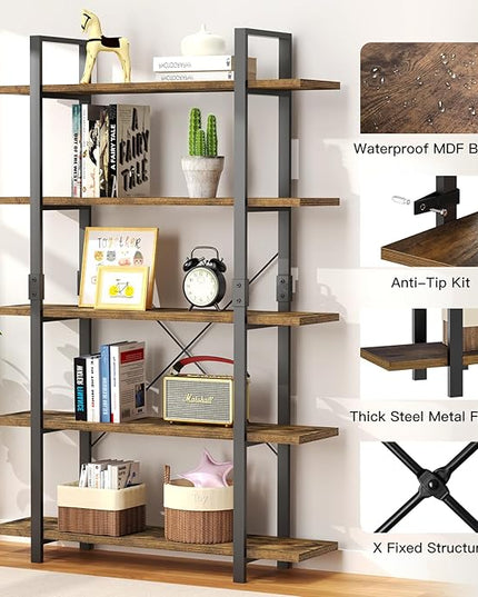 FRAPOW 5 Tier Bookshelf, 70 inch Tall Solid Bookcase Industrial Wooden Bookshelves Large Wall Etagere Rustic Vintage Book Shelf with Metal Frame Open Storage Rack for Living Room Home Office - LeafyLoom