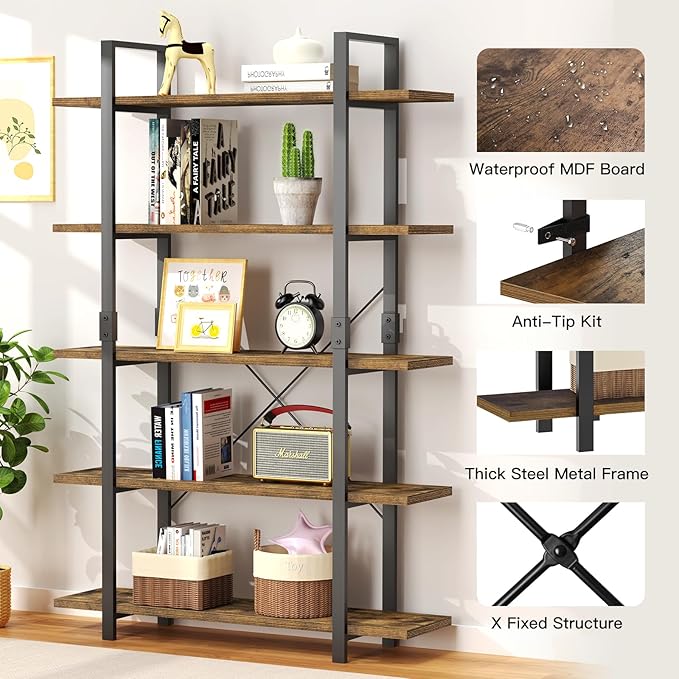 FRAPOW 5 Tier Bookshelf, 70 inch Tall Solid Bookcase Industrial Wooden Bookshelves Large Wall Etagere Rustic Vintage Book Shelf with Metal Frame Open Storage Rack for Living Room Home Office - LeafyLoom