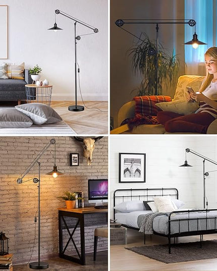 Adjustable Industrial Floor Lamps for Living Room - Rustic Reading Lamp with Pulley System, Modern Farmhouse Indoor Pole Task Lamp, Vintage Tall Standing Lamp for Bedroom Office, Blackened Bronze - LeafyLoom