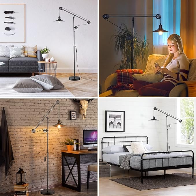 Adjustable Industrial Floor Lamps for Living Room - Rustic Reading Lamp with Pulley System, Modern Farmhouse Indoor Pole Task Lamp, Vintage Tall Standing Lamp for Bedroom Office, Blackened Bronze - LeafyLoom