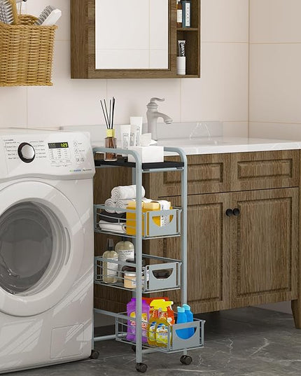 Slim Rolling Storage Cart Small Narrow Kitchen Metal Storage Cart with Lockable Wheels Slim Laundry Bathroom Storage Cart with Wooden top for Kitchen Laundry Narrow Places with Pull-Out Basket Grey - LeafyLoom