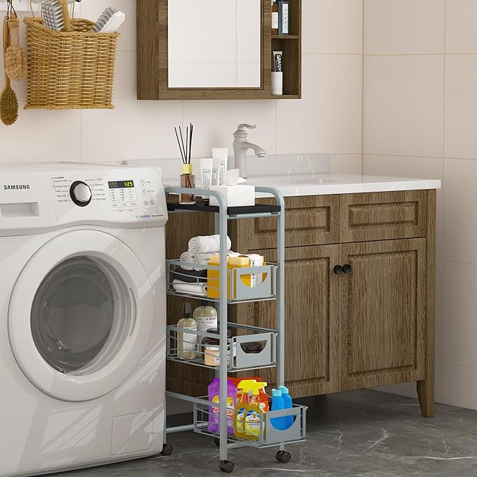 Slim Rolling Storage Cart Small Narrow Kitchen Metal Storage Cart with Lockable Wheels Slim Laundry Bathroom Storage Cart with Wooden top for Kitchen Laundry Narrow Places with Pull-Out Basket Grey - LeafyLoom