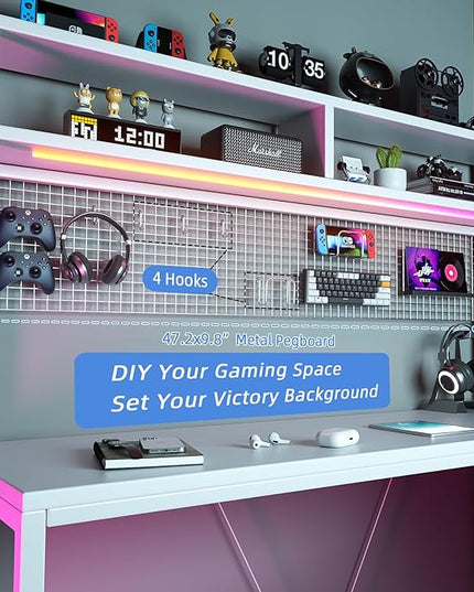 L Shaped Desk with Hutch & Pegboard - Reversible 67" L Shaped Gaming Desk with LED Lights, Corner Computer Desk with Storage Shelves, White - LeafyLoom