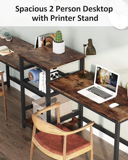 Tribesigns 96.9" Double Computer Desk with Printer Shelf, Extra Long Two Person Desk Workstation with Storage Shelves, Large Office Desk Study Writing Table for Home Office, Dark Brown - LeafyLoom