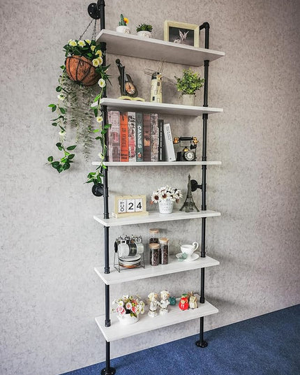 Pipe Shelves, Wall Mounted Wood Metal Industrial Shelves, Ladder Bookshelf for Living Room (White, 10" D x 30" W x 82.5" H) - LeafyLoom