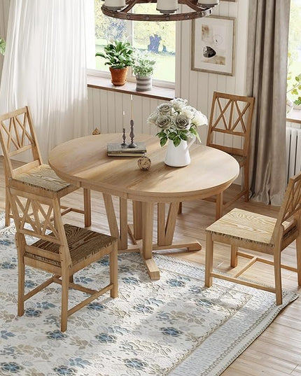 Rustic Round Trestle, Extending w/4 Cross Back Chairs, Easy Assembly, Room, Kitchen, Small Place, 5 Piece Dining Table Set, Natural 19 - LeafyLoom