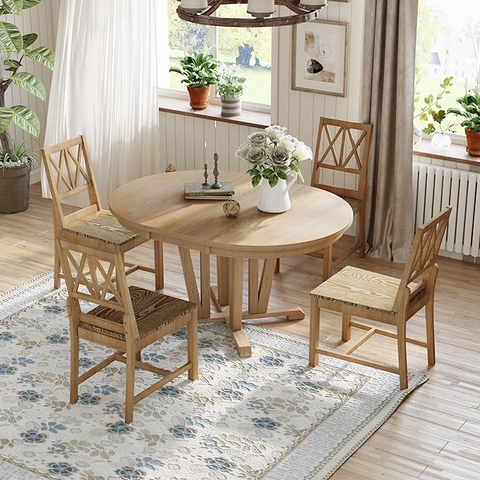 Rustic Round Trestle, Extending w/4 Cross Back Chairs, Easy Assembly, Room, Kitchen, Small Place, 5 Piece Dining Table Set, Natural 19 - LeafyLoom