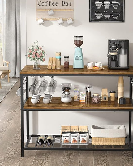 Homieasy Kitchen Island with Wine Glass Holder, Industrial Wood and Metal Coffee Bar Rack, 3 Tier Spacious Prep Table Extended Counter with Hooks Easy to Assemble, Rustic Brown - LeafyLoom