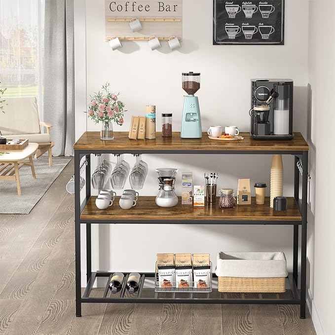 Homieasy Kitchen Island with Wine Glass Holder, Industrial Wood and Metal Coffee Bar Rack, 3 Tier Spacious Prep Table Extended Counter with Hooks Easy to Assemble, Rustic Brown - LeafyLoom