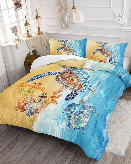 Datura home Beach Turtle Comforter Set Beach and Sea Turtle Printed Quilt Bedding Set with 1 Comforter and 2 Pillowcases for Boys and Girls Bedroom All Season(Beach Turtle Full) - LeafyLoom