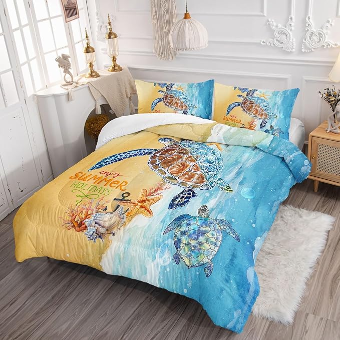 Datura home Beach Turtle Comforter Set Beach and Sea Turtle Printed Quilt Bedding Set with 1 Comforter and 2 Pillowcases for Boys and Girls Bedroom All Season(Beach Turtle Full) - LeafyLoom