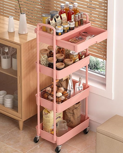 4-Tier Rolling Cart，Trolley with Drawer, Kitchen Storage Organizer with Plastic Shelf & Metal Wheels, Storage Cart for Living Room, Kitchen, Office, Bathroom, Pink - LeafyLoom