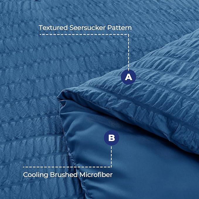 HYMOKEGE Seersucker Queen Comforter Set 3 Pieces, Lightweight Comforter Sets for Bedding, Bed Set with 1 All Season Soft Down Alternative Comforter and 2 Pillow Shams, Teal - LeafyLoom