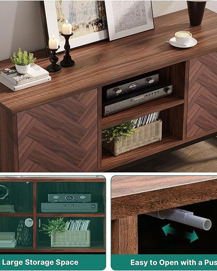 YITAHOME TV Cabinet for 55 Inch TV, Mid Century Modern TV Stand with Storage Cabinet & Adjustable Shelf, Entertainment Cabinet Media TV Console with Natural Oak Finish for Living Room, Walnut - LeafyLoom