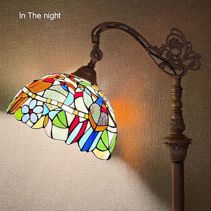 Capulina Tiffany Floor Lamp Antique Cardinal Birds Style Stained Glass Soft Light Arched Gooseneck Adjustable Angle Reading Standing Lamp for Living Room Bedroom Home Office - LeafyLoom