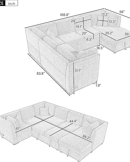 U Shaped Reversible Pull Out Sleeper Sectional Sofa Convertible Corner Couch Bed with Storage Chaise Lounge , 6 Seater Chenille Upholstered Sofa&Couch wth USB Ports, 2 Power Sockets for Living Room - LeafyLoom