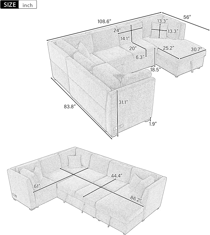 U Shaped Reversible Pull Out Sleeper Sectional Sofa Convertible Corner Couch Bed with Storage Chaise Lounge , 6 Seater Chenille Upholstered Sofa&Couch wth USB Ports, 2 Power Sockets for Living Room - LeafyLoom