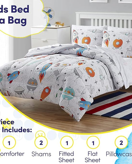 Kids Bedding Set Bed in a Bag for Boys and Girls Toddlers Printed Sheet Set and Comforter, Full, Floating in Space (Pack of 4) - LeafyLoom